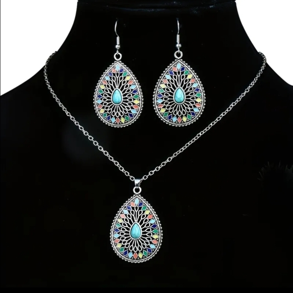 Colorful Teardrop Necklace and Earring Set. NEW!